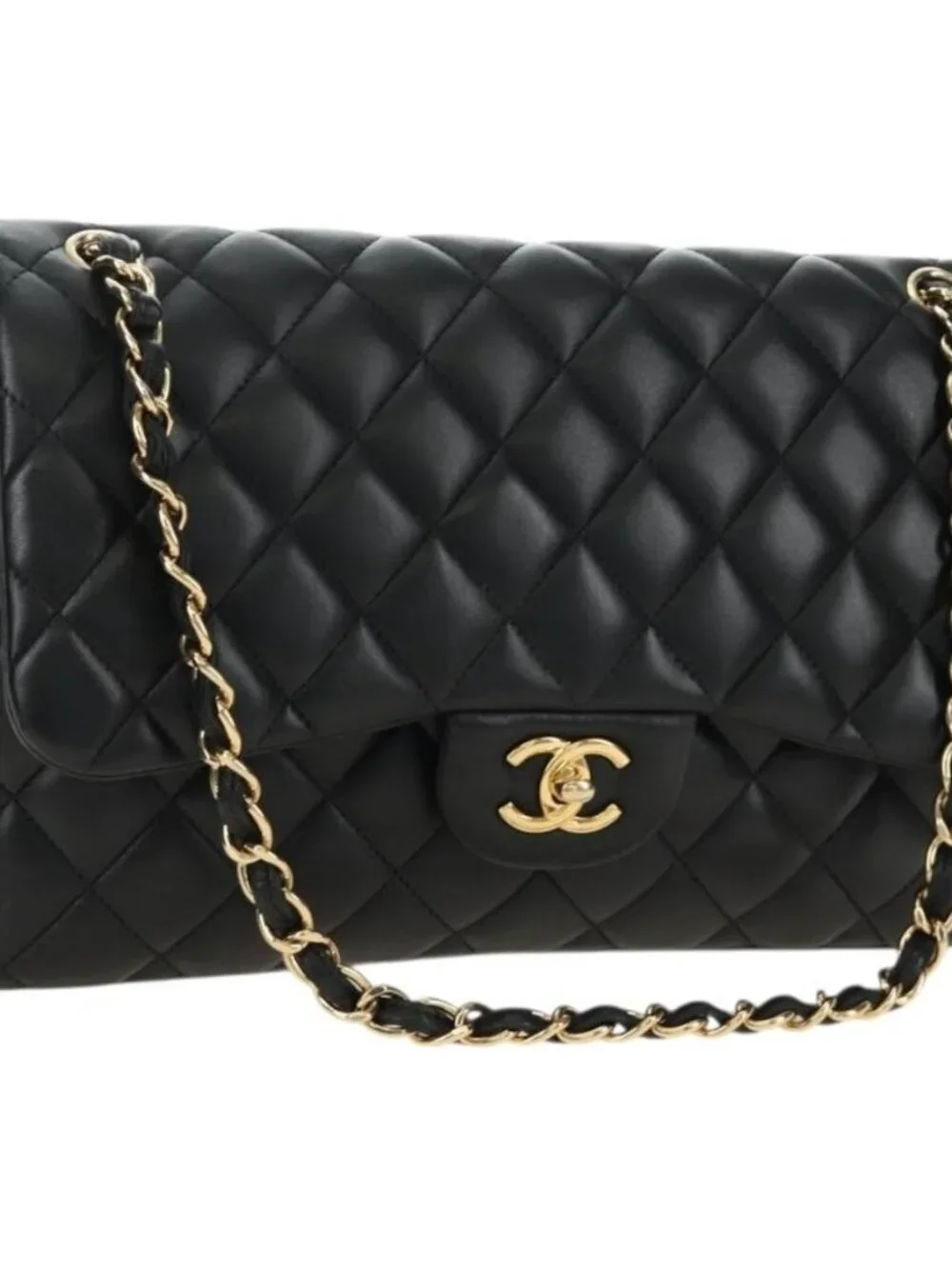 CHANEL Big Matelasse30 Chain Shoulder Bag Lamb Skin Black Gold CC Auth 184946SAV